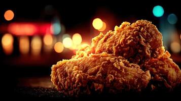 Crispy fried chicken with blurred city lights in background. photo