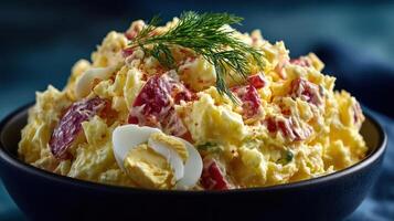 Creamy potato salad with ham and egg, garnished with dill. photo