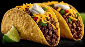 Delicious tacos with ground beef, cheese, and toppings. photo