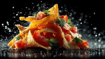 Crispy tortilla chips with parsley, splash photography. photo