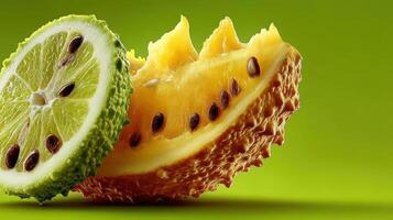 Lime and textured fruit slices on a green background. photo
