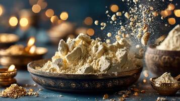 Powdered spices in a bowl, golden light, festive mood. photo