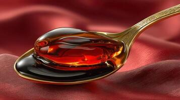 Honey on a golden spoon, red background. photo