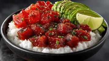 A vibrant tuna bowl with rice, avocado, and lime. photo