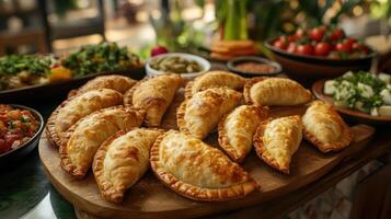 Delicious empanadas arranged on a wooden platter with fresh toppings. photo