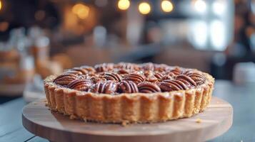 A close-up of a pecan pie on a wooden table. photo