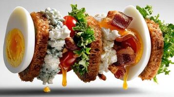 Deconstructed sandwich with bacon, lettuce, tomato, and blue cheese. photo