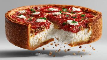 Delicious deep-dish pizza with a slice missing. photo