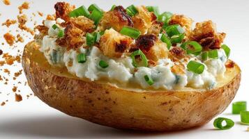 Loaded baked potato with cream, chives, and crispy bits. photo