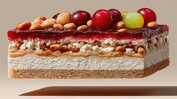 Detailed view of a layered dessert with fruit and nuts. photo