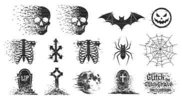 Halloween Glitch Set with Skull, Bat, and Spider. vector