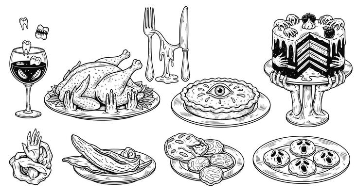 Halloween Food Icon Set Spooky Dinner.