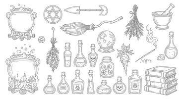 Witchcraft Set Magic Ingredients with Tools. vector