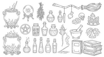 Witchcraft set potion with cauldron, and broom. vector