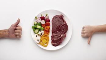No to meet. Like and dislike gestures with vegetal and meat protein sources, panorama photo