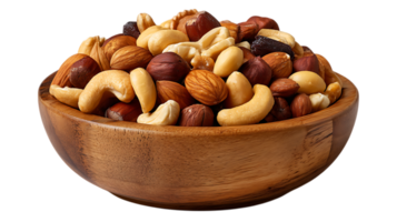 A wooden bowl filled with a variety of healthy mixed nuts and dried fruits isolated on transparent background png