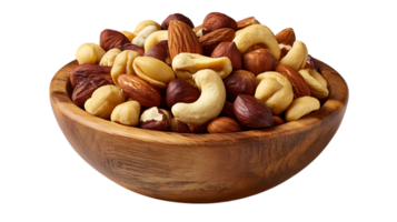 A rustic wooden bowl overflowing with a healthy mix of assorted nuts isolated on transparent background png
