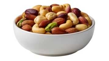 A white bowl filled with a variety of mixed nuts including almonds cashews peanuts and pistachios isolated on transparent background png