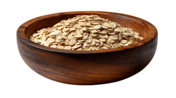 A rustic wooden bowl filled with rolled oats isolated on transparent background png