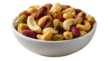 A white bowl filled with a variety of roasted nuts and dried fruits isolated on transparent background png