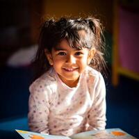 A Close Up Portrait of a Happy Little Girl Reading a Book. photo