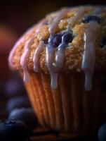 Close up of a Delicious Blueberry Muffin with Icing Drizzle. photo