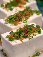 Close up of Silken Tofu Cubes Topped with Green Onions and Bonito Flakes. photo
