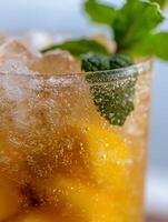 Close Up of Refreshing Iced Beverage with Mint. A detailed image showcasing the bubbles and ice in a cool summer drink. photo