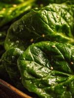 Close Up of Fresh Spinach Leaves with Sesame Seeds. A Detailed Image of Vibrant Green Spinach. photo
