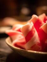 Close Up of Thinly Sliced Raw Meat in a Bowl, Ready for Cooking. photo