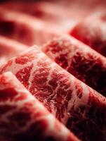 Close Up of Sliced Raw Beef, Marbling Texture and Rich Red Color. photo