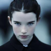 Portrait of a Young Girl with Blue Eyes and Freckles. A close up image showcasing intense expression and intricate detail. photo