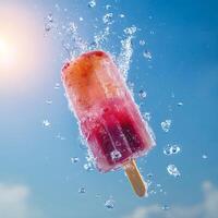 Refreshing Popsicle Splashing into Water on a Sunny Day. A vibrant summer image of a fruity ice pop creating a water splash. photo