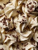 Close Up of Creamy Vanilla Ice Cream with Chocolate Chips. A detailed image showing the texture and deliciousness of the dessert. photo