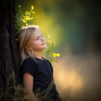 Serene Girl Resting Against a Tree in Golden Sunlight. A peaceful moment of nature and childhood tranquility. photo
