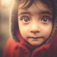 Close up portrait of a child with big brown eyes, wearing a red coat and hooded jacket. photo