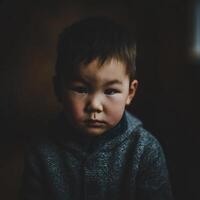 Portrait of a Young Child, Serious Expression, Close Up. A contemplative and intimate image of a toddler. photo