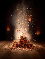 Exploding Granola A Colorful Mix of Crunchy Clusters and Sweet Dried Fruits. photo
