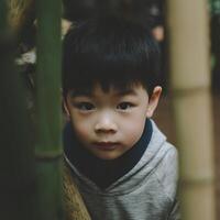 Close Up Portrait of a Young Boy Hiding Behind Bamboo. photo
