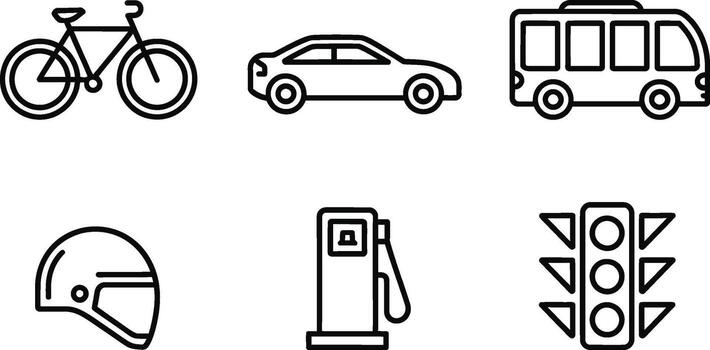 Simple icon set representing various transportation modes and road traffic elements in black outline vector
