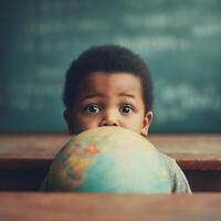 Young Boy Holds a Globe Close to His Face in a Classroom Setting. photo
