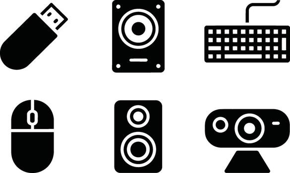 illustration of computer peripherals featuring flash drive speakers keyboard mouse and webcam vector