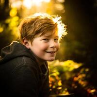 Happy Boy with Red Hair Lit by Golden Sunlight in Autumn Setting. photo