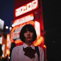 Japanese Schoolgirl in Vibrant City Nightscape. A portrait of a young woman in uniform against a backdrop of glowing neon signs in a bustling city. photo