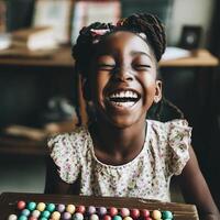 Joyful African American Girl Playing with Colorful Counting Beads. A close up portrait of a child's exuberant laughter while engaged in learning. photo