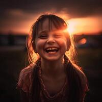 Joyful Child Laughing at Sunset A Portrait of Pure Happiness. photo