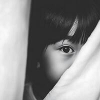 Child's Eye Peeking from Behind a White Sheet Black and White Portrait. photo