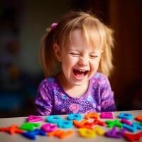 Happy Toddler Girl Playing with Colorful Alphabet Letters. photo