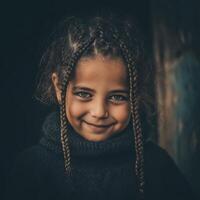 Portrait of a Young Girl with Braids, Close Up. A Pensive and Sweet Expression. photo