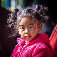 Portrait of a Young Girl with Curly Hair in a Pink Jacket. A close up shot showcasing the child's expressive eyes and soft features. photo